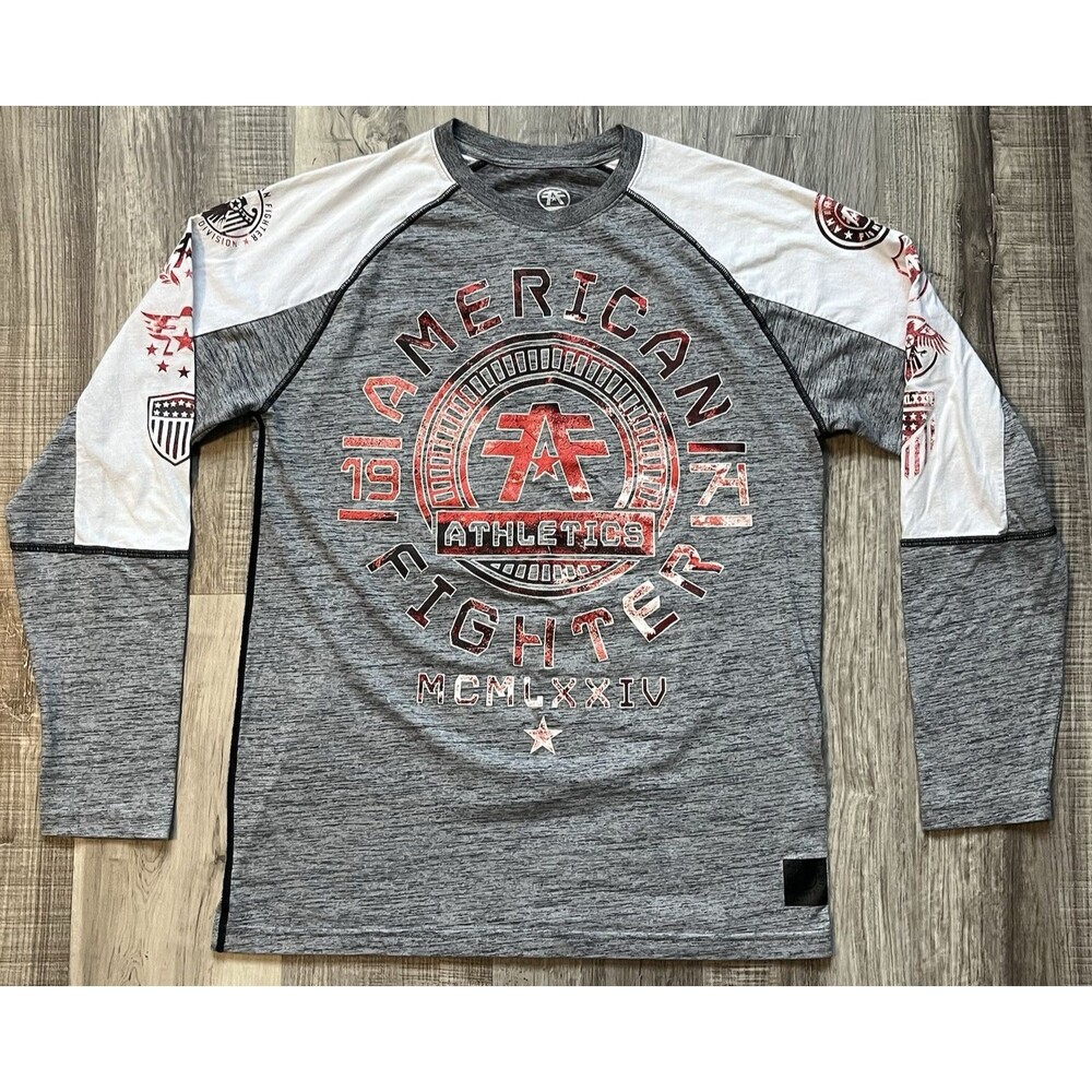 American Fighter Long Sleeve Men's Large, White Gray Double Sided Print